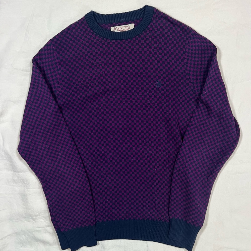 Vintage Penguin by Munsingwear Checkered Knit Sweater Purple Navy Mens S